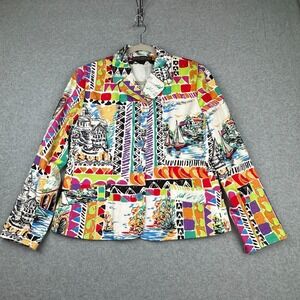 HARVE BERNARD Petites Blazer‎ Jacket Womens 10 Artsy Watercolor Geometric Boats